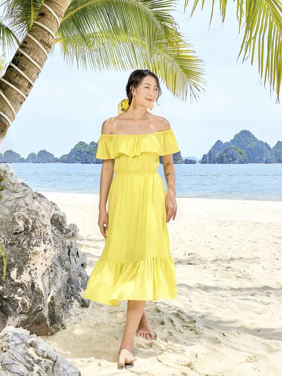 Váy maxi trễ vai - Vàng - S