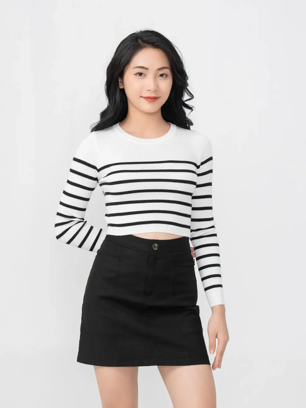 Áo Len Nữ Dáng Ôm Croptop Kẻ - Trắng kẻ đen - S