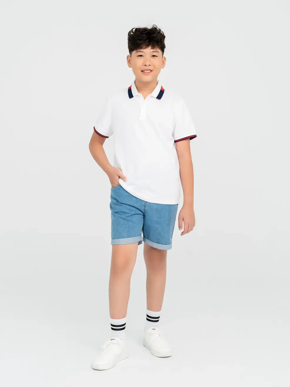Polo Kid Cafe Dệt Tổ Ong Phối Bo - Trắng - 8