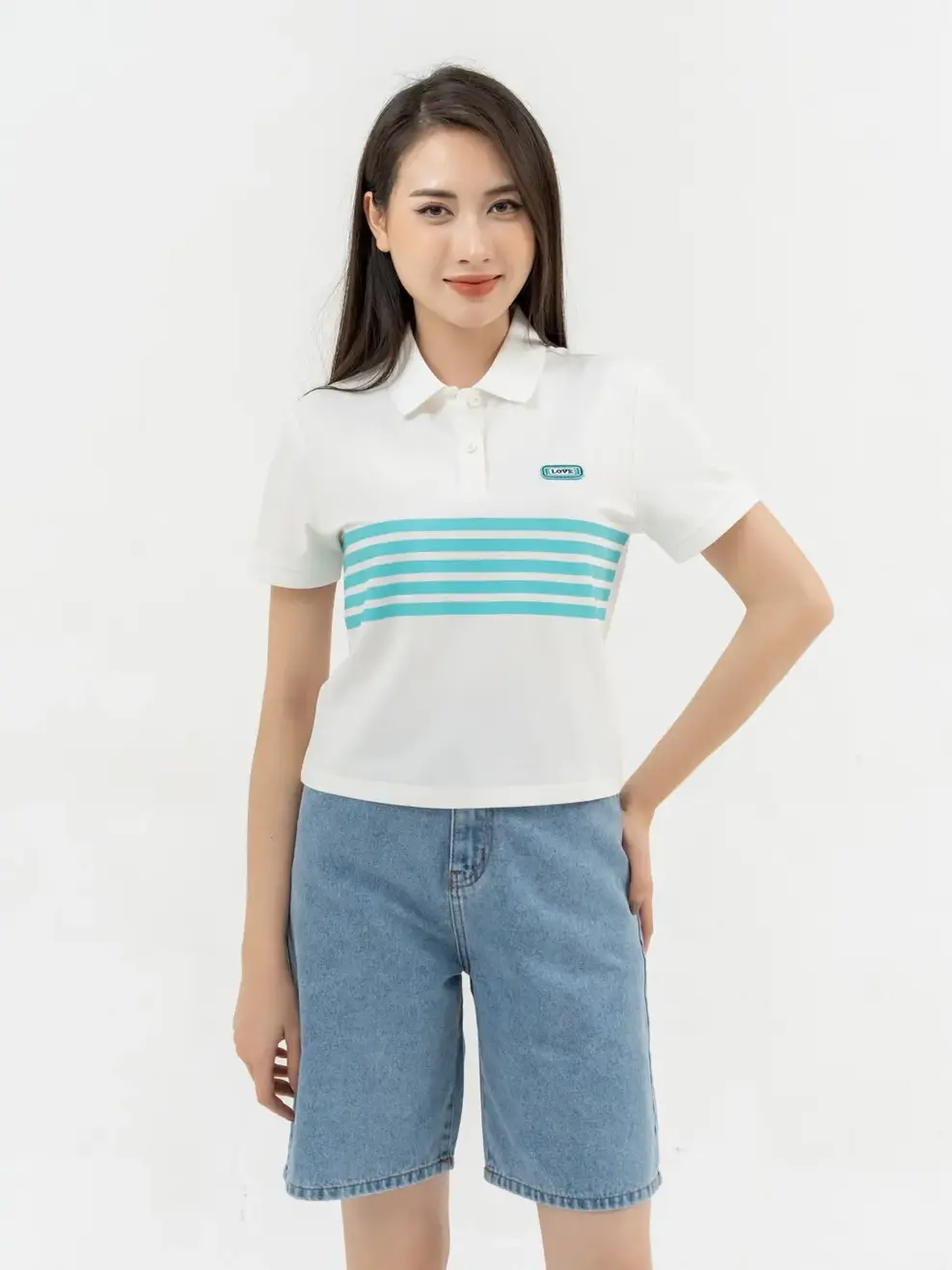 Áo Polo Nữ Mắt Chim In Kẻ - Trắng - S