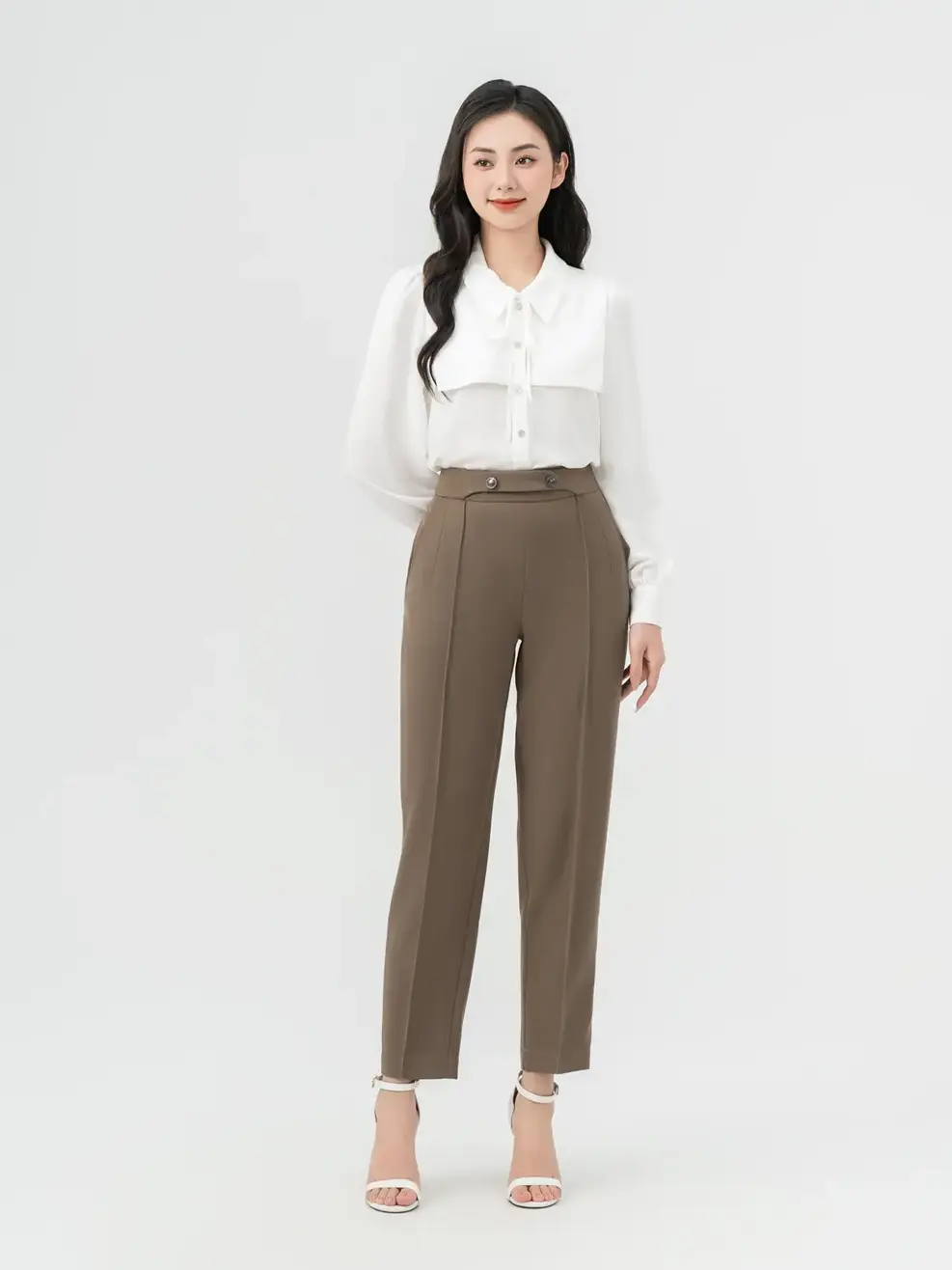 Quần Âu Nữ Dáng Baggy Cúc Trang Trí Mí Gân - Nâu đậm - S