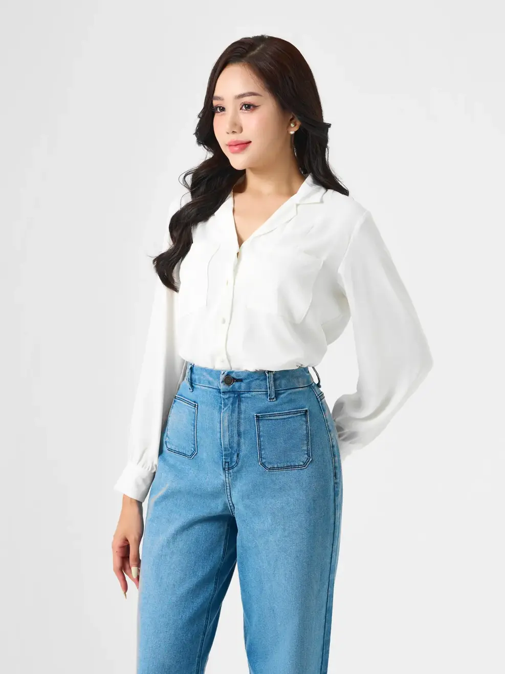 Sơ Mi Dài Tay Nữ Túi Ốp Cổ Ve - Trắng - S
