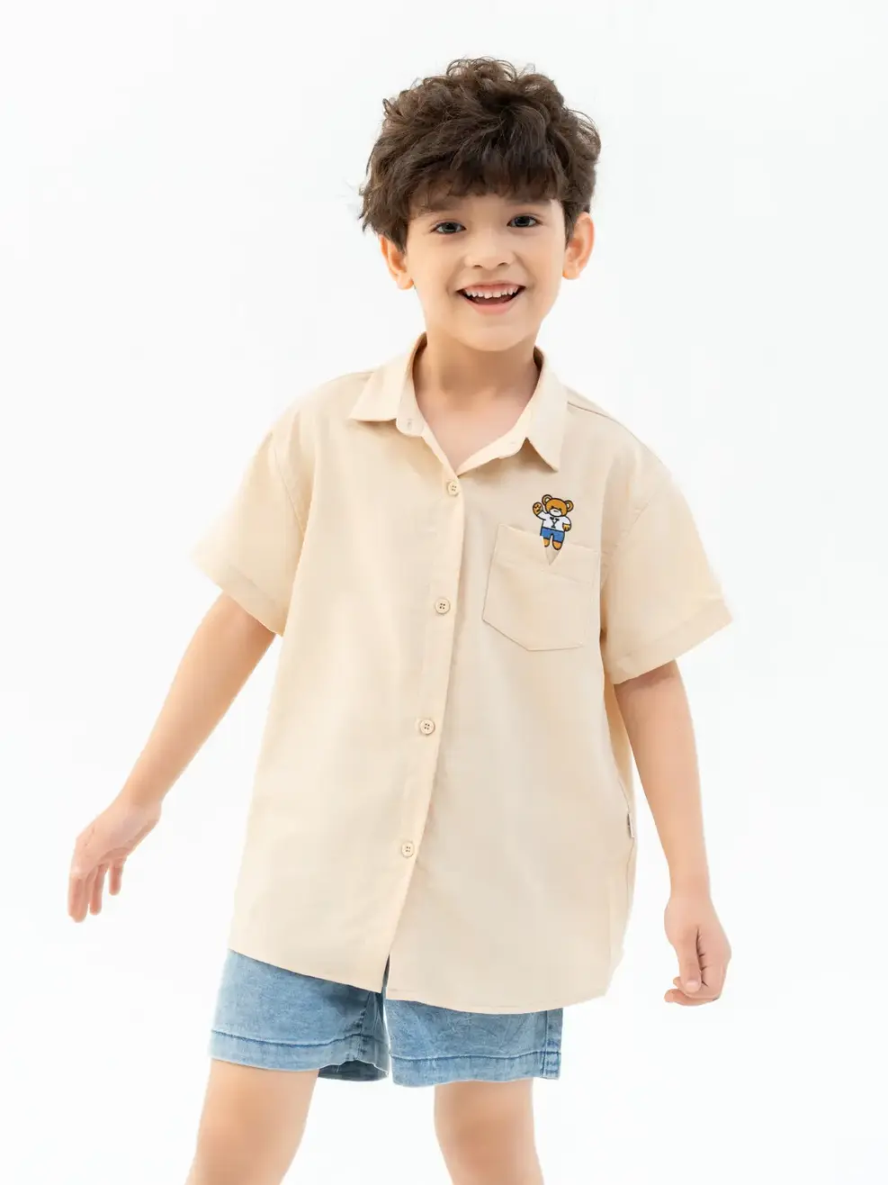 Sơ Mi Trẻ Em Cộc Tay Thêu Gấu - Be - 3