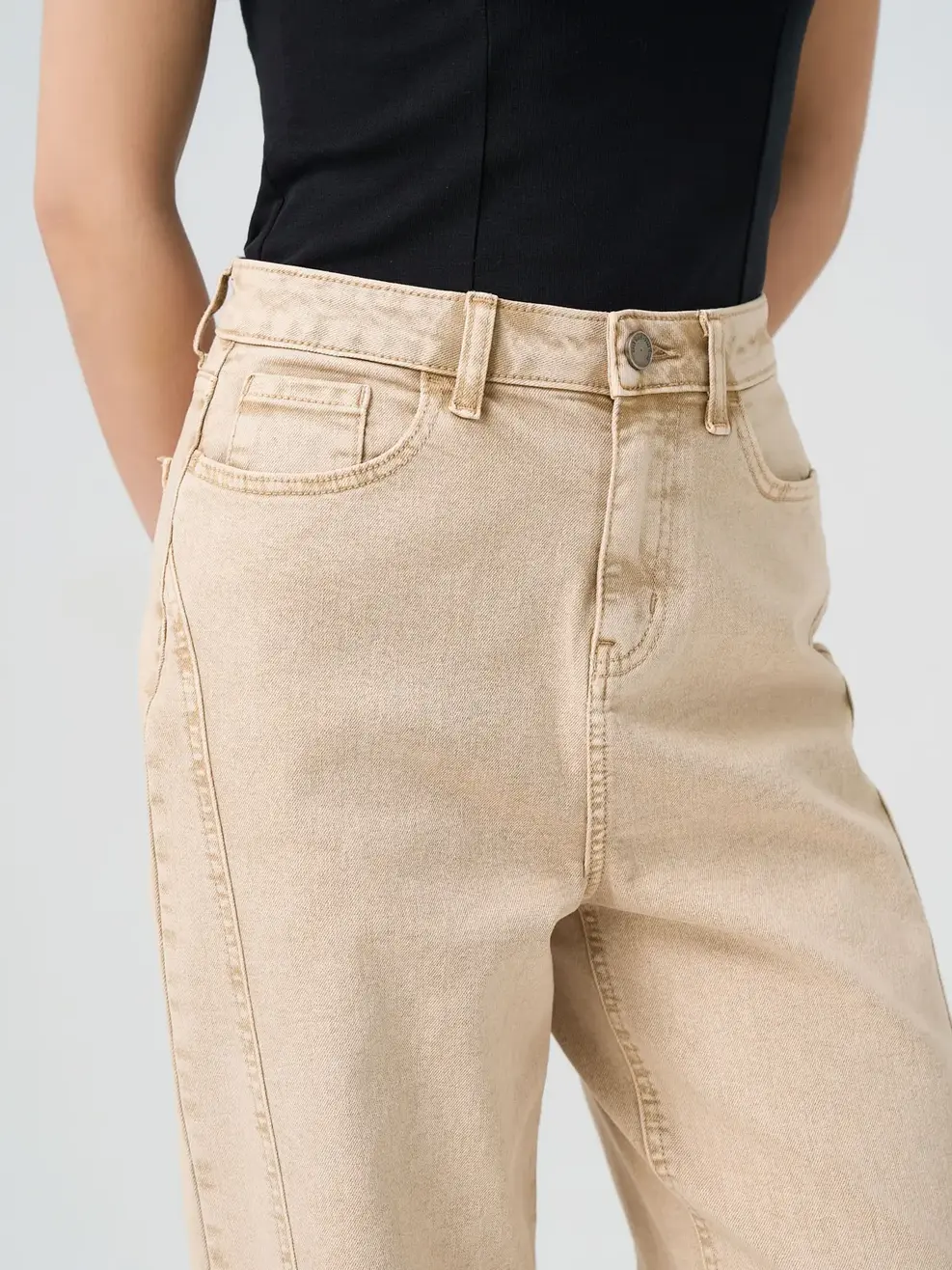 Quần Jeans Nữ Ống Rộng Cạp Cao Can Phối - Be - 25