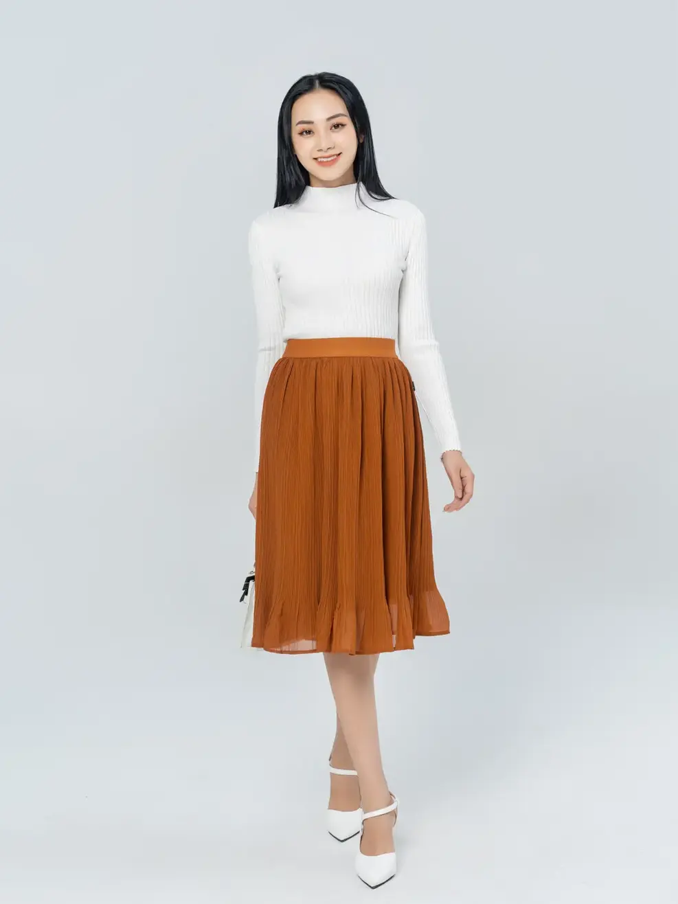 Chân váy cạp chun dập tầng - Nâu - S