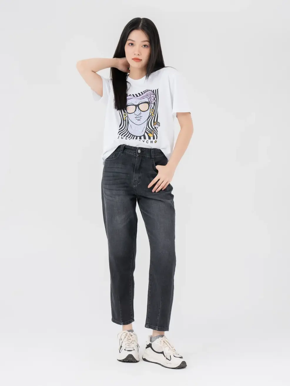 Quần Jean Nữ Baggy Cotton Chiết Ly Ống - Đen - 25