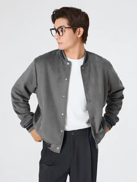 Áo Khoác Da Lộn Bomber Bo Kẻ