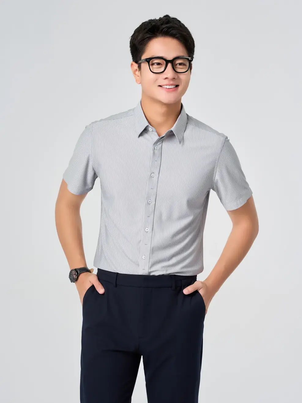 Áo Sơ Mi Nam Cộc Tay Nẹp Kiểu Họa Tiết Kẻ Sọc - Kẻ sọc Xám - L