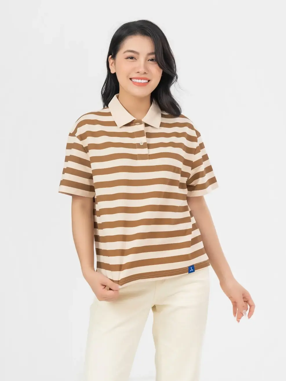 Áo Polo Nữ Mắt Chim Kẻ Ngang - kem kẻ nâu - S