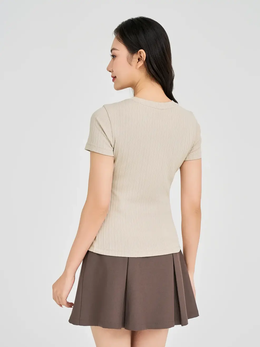 Áo Phông Nữ Nhún Sườn - Be - S