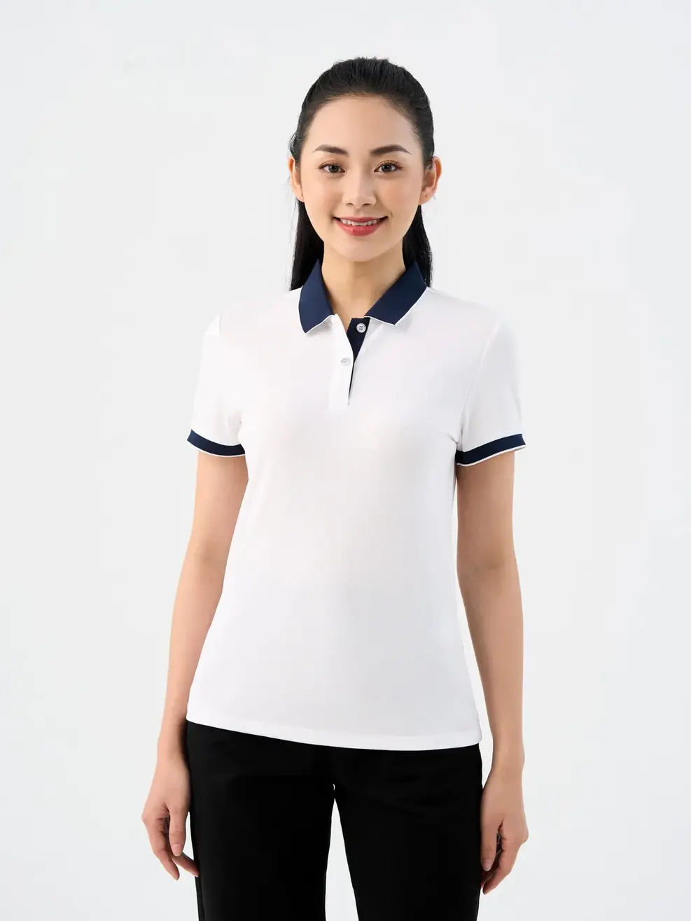Polo nữ café phối nẹp - Trắng navy - S