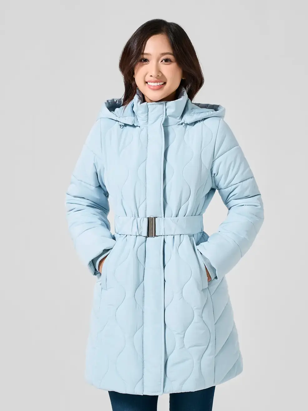 Áo Phao Nữ Dáng Dài Lỡ Trần Sóng Mũ Rời - Xanh lơ - M