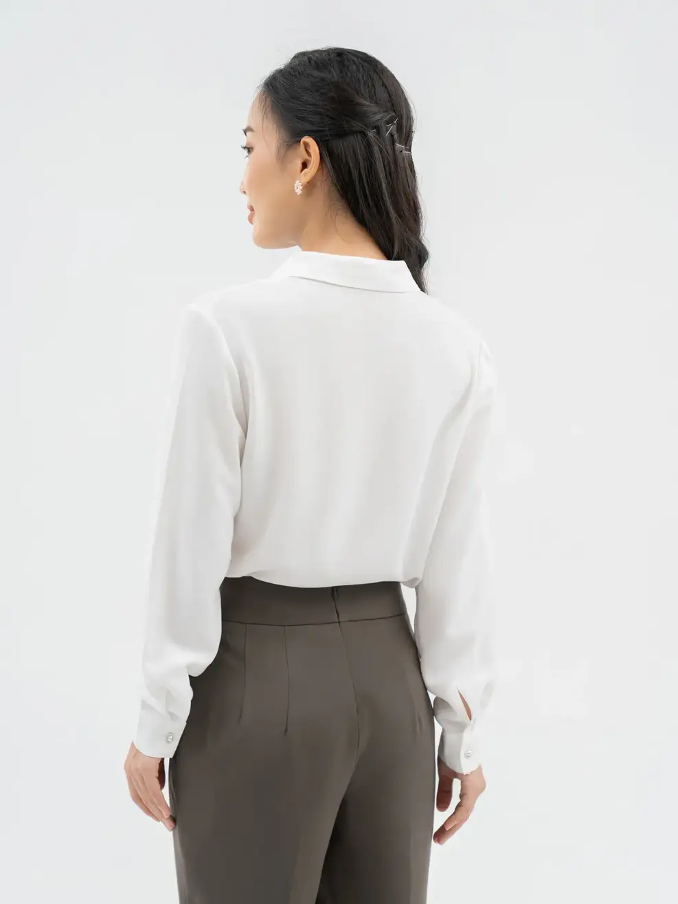   Áo Sơ Mi Tay Dài Nữ Suông Kèm Nơ - Trắng - S