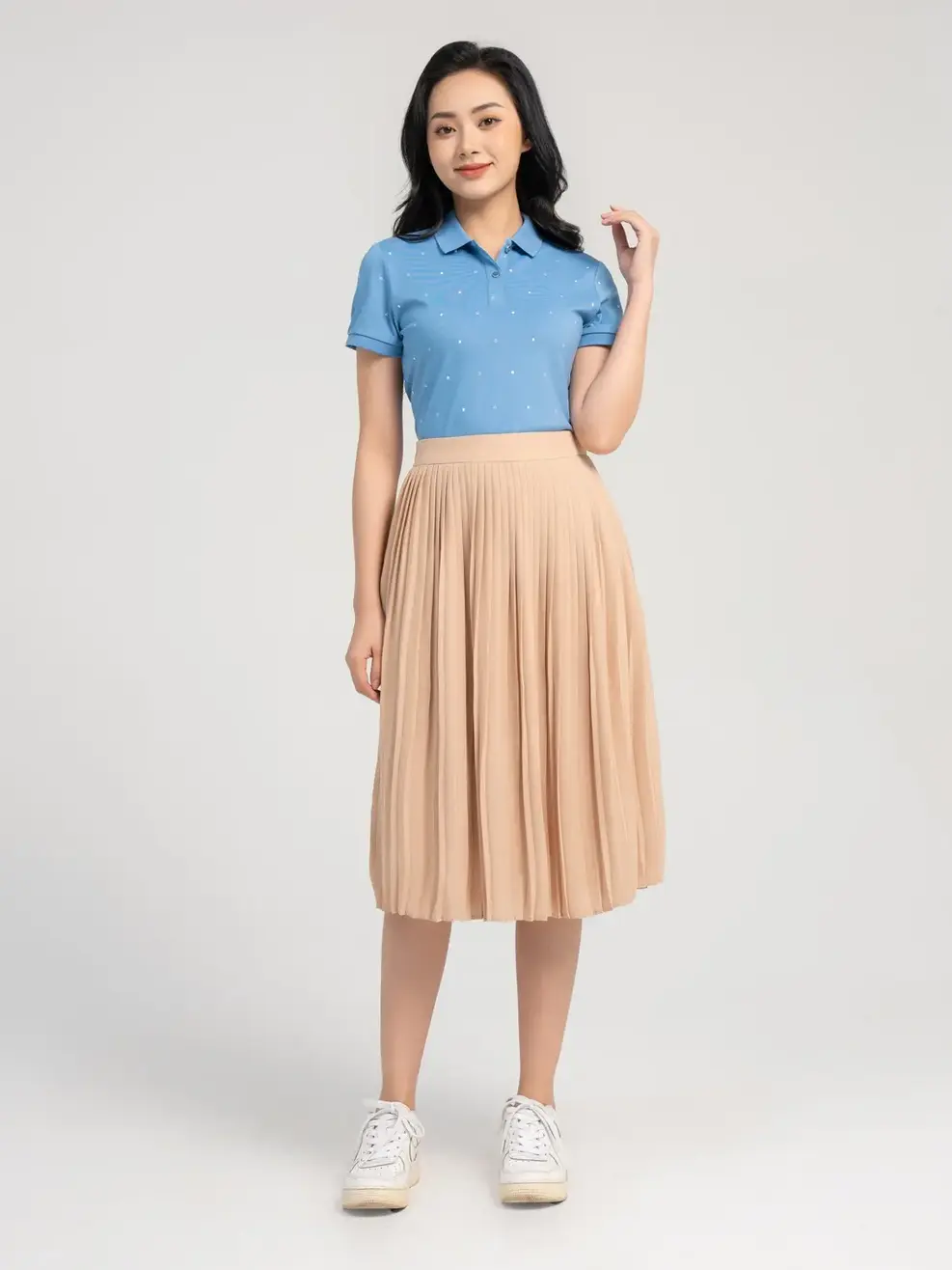 Áo polo nữ mắt chim  in tràn hình học - Xanh - S