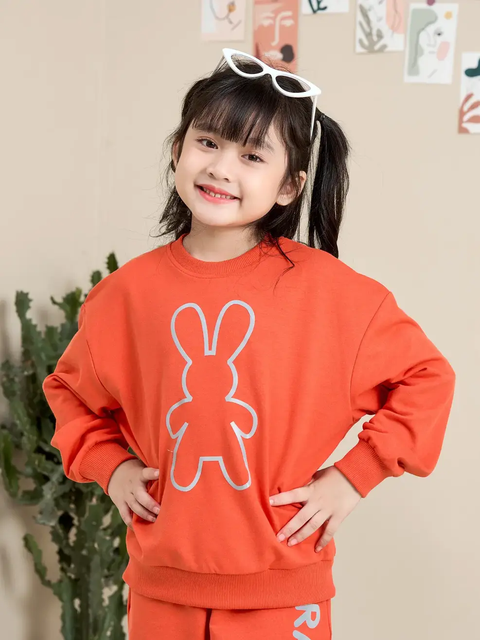 Bộ đồ kid in thỏ - Đỏ cam - 2