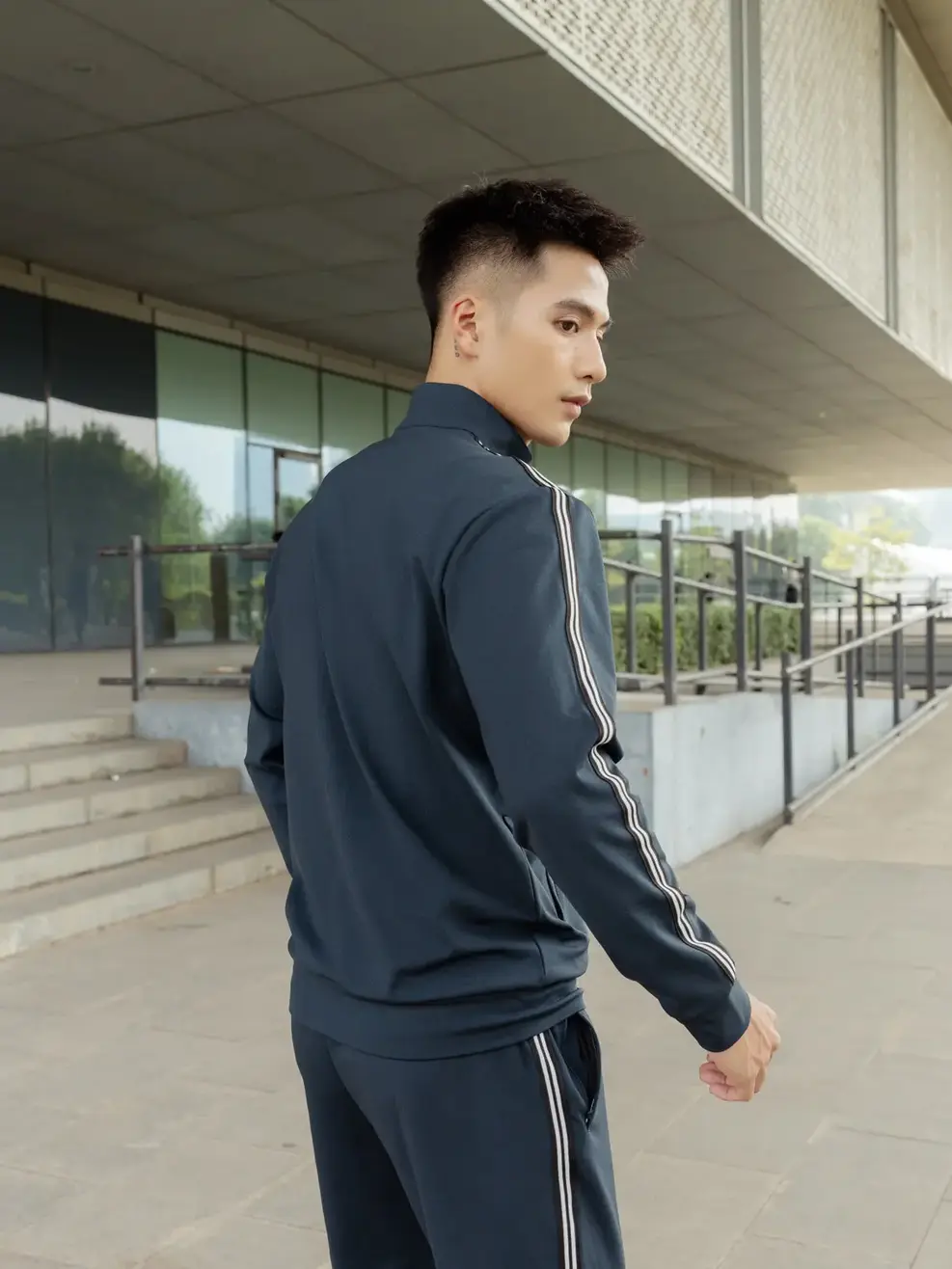 Bộ đồ thể thao nam nỉ Double Face phối dây dệt - Xanh than - XL