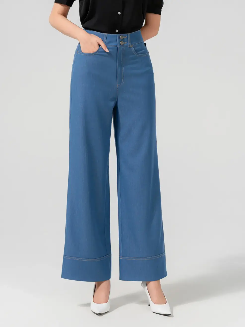 Quần Âu Nữ Suông Giả Denim Cá Tính - Xanh nhạt - S