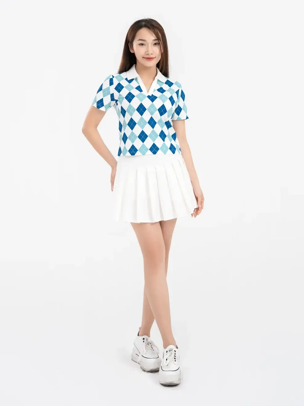 Áo Polo Nữ Mắt Chim In Quả Trám - Xanh đậm - S