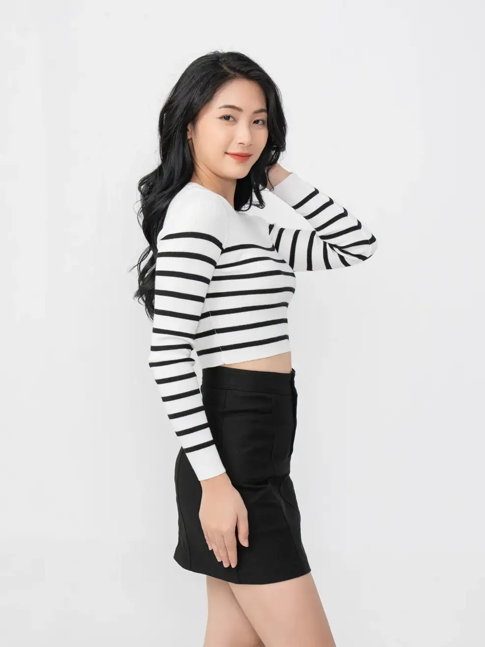 Áo Len Nữ Dáng Ôm Croptop Kẻ - Trắng kẻ đen - S