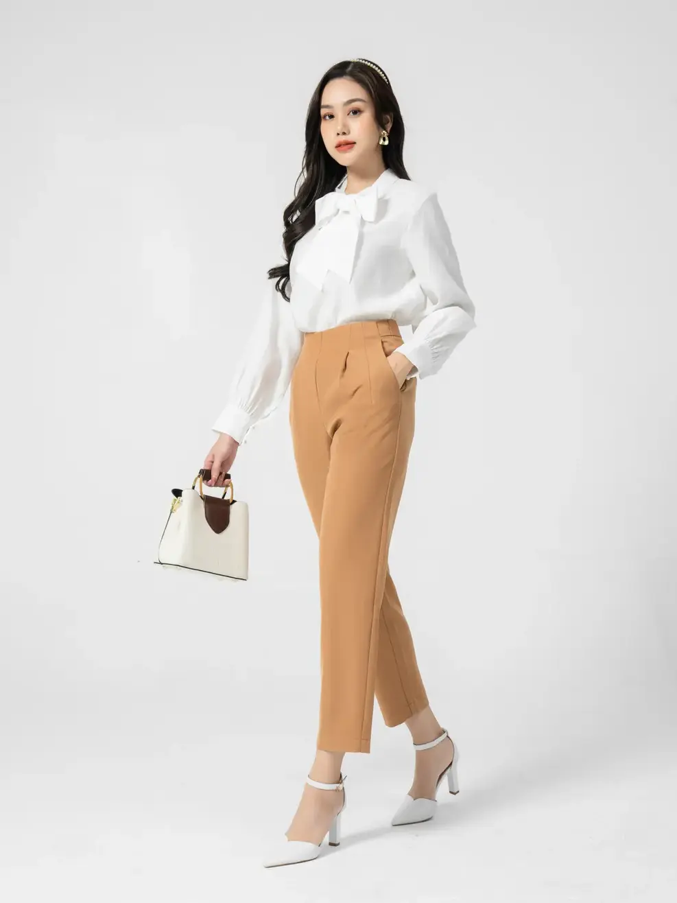 Quần tây nữ baggy cạp cao cúc - Nâu - S