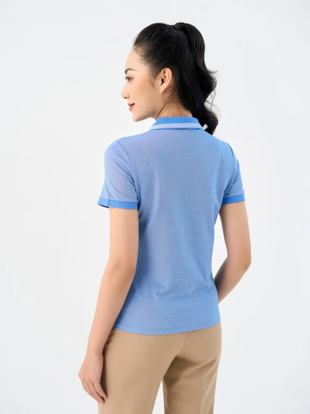 Polo nữ mắt chim phối bo - Xanh dương - S