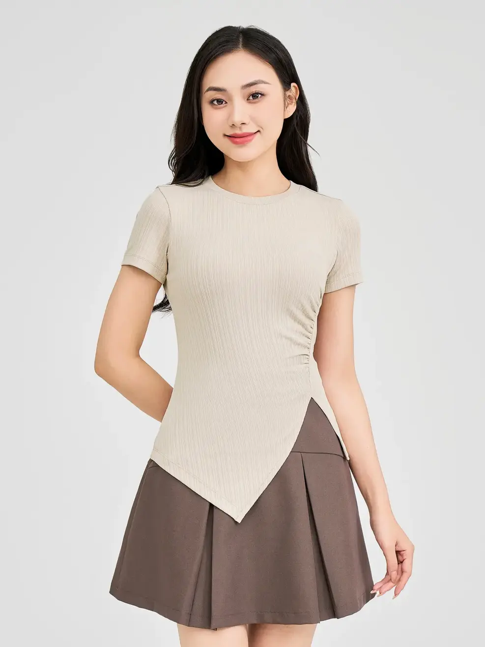 Áo Phông Nữ Nhún Sườn - Be - S