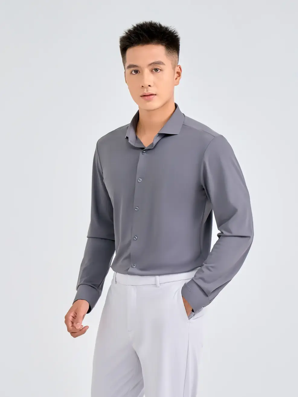 Sơ Mi Tay Dài Nam Siêu Co Giãn - Ghi Đậm - M