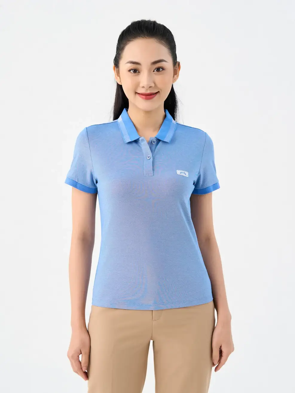 Polo nữ mắt chim phối bo - Xanh dương - S