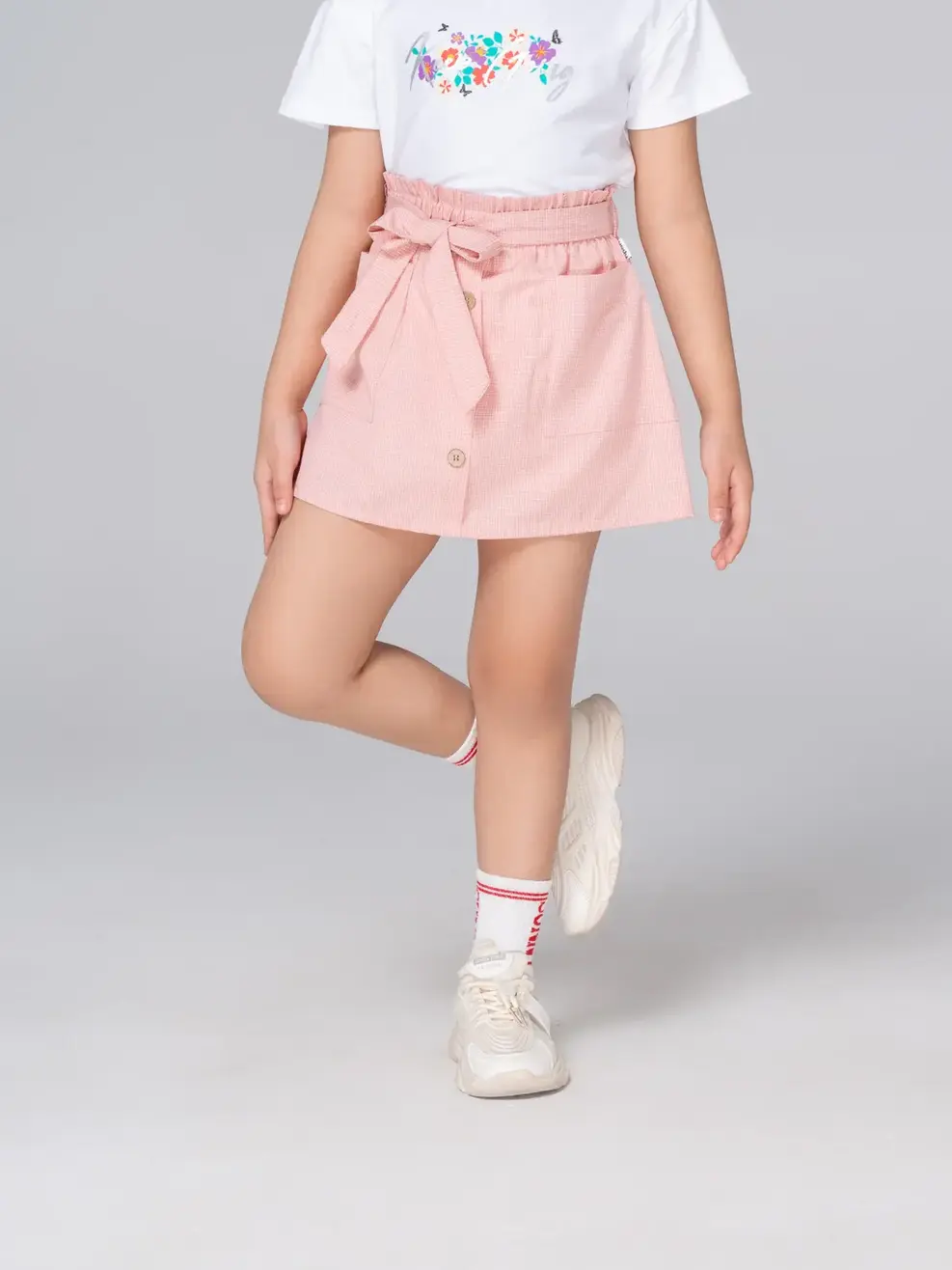 Chân váy kid nhỏ A túi vuông đai nơ - Hồng - 6