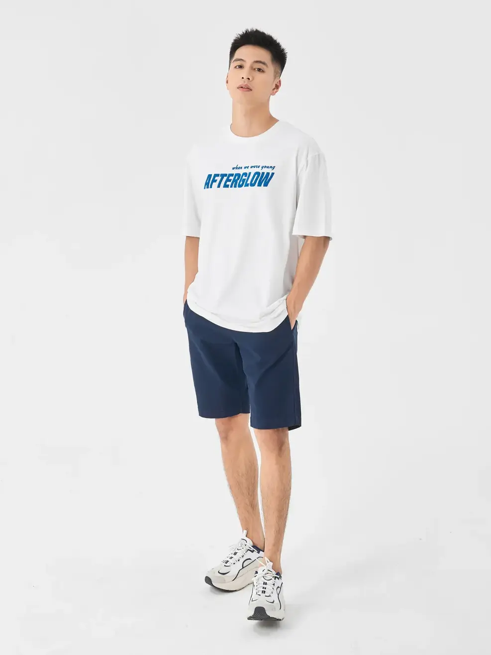 T-shirt Nam Dáng Rộng In Chữ Ngực - Trắng - M