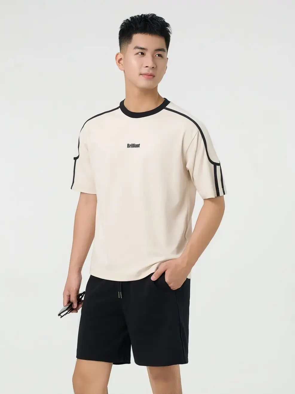 Bộ Đồ Nam Phối Dây Dệt In Chữ Ngực - Be 006 - L