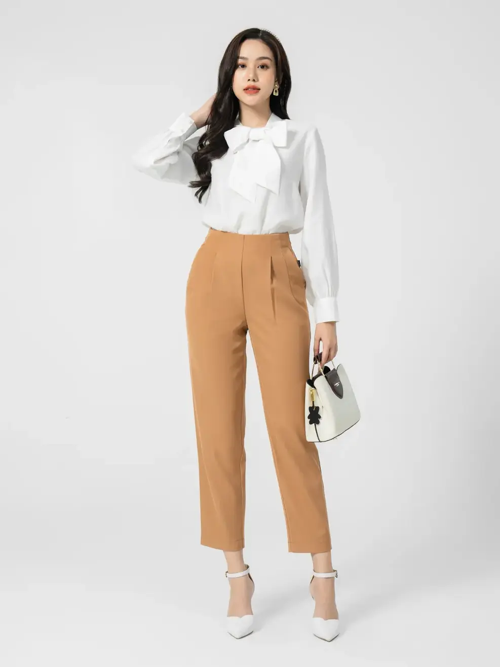 Quần tây nữ baggy cạp cao cúc - Nâu - S