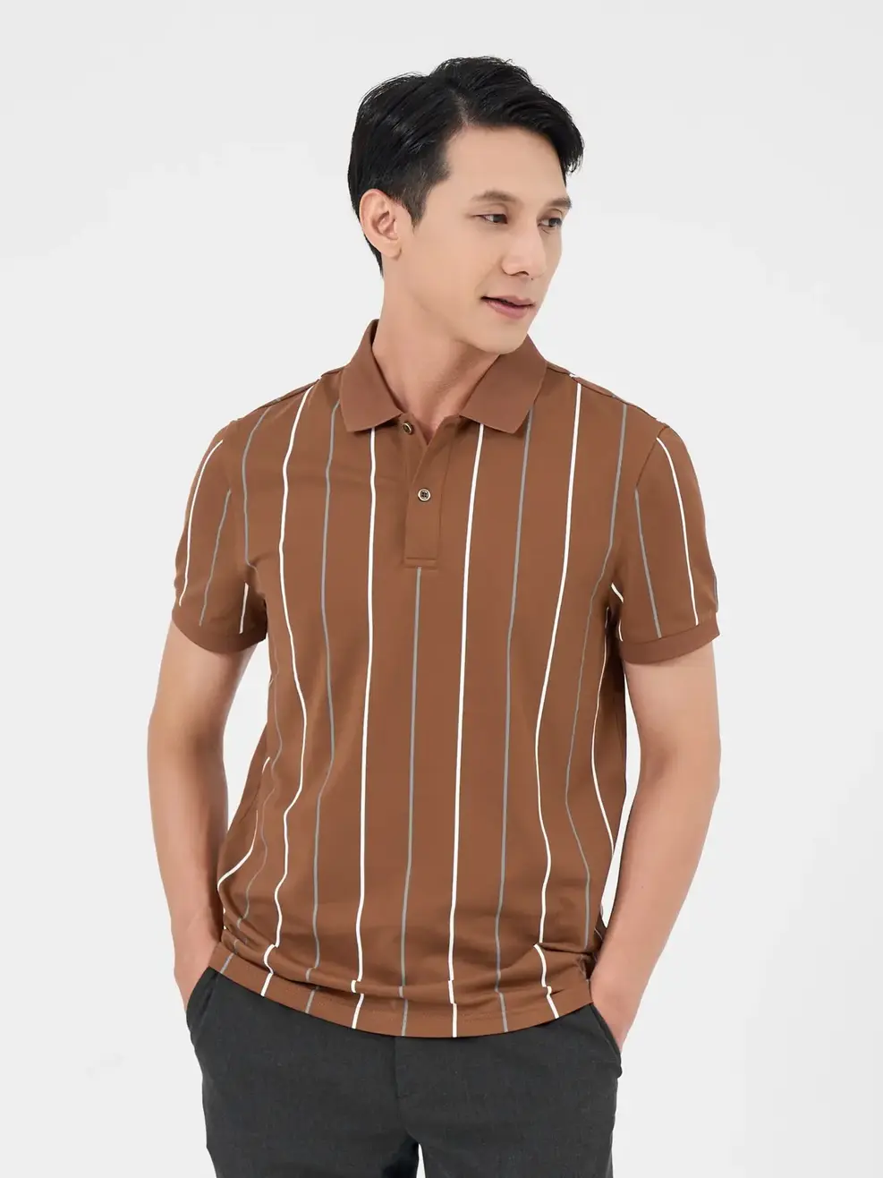 Áo Polo Nam Mắt Chim In Tràn Kẻ Hai Màu - Nâu - M