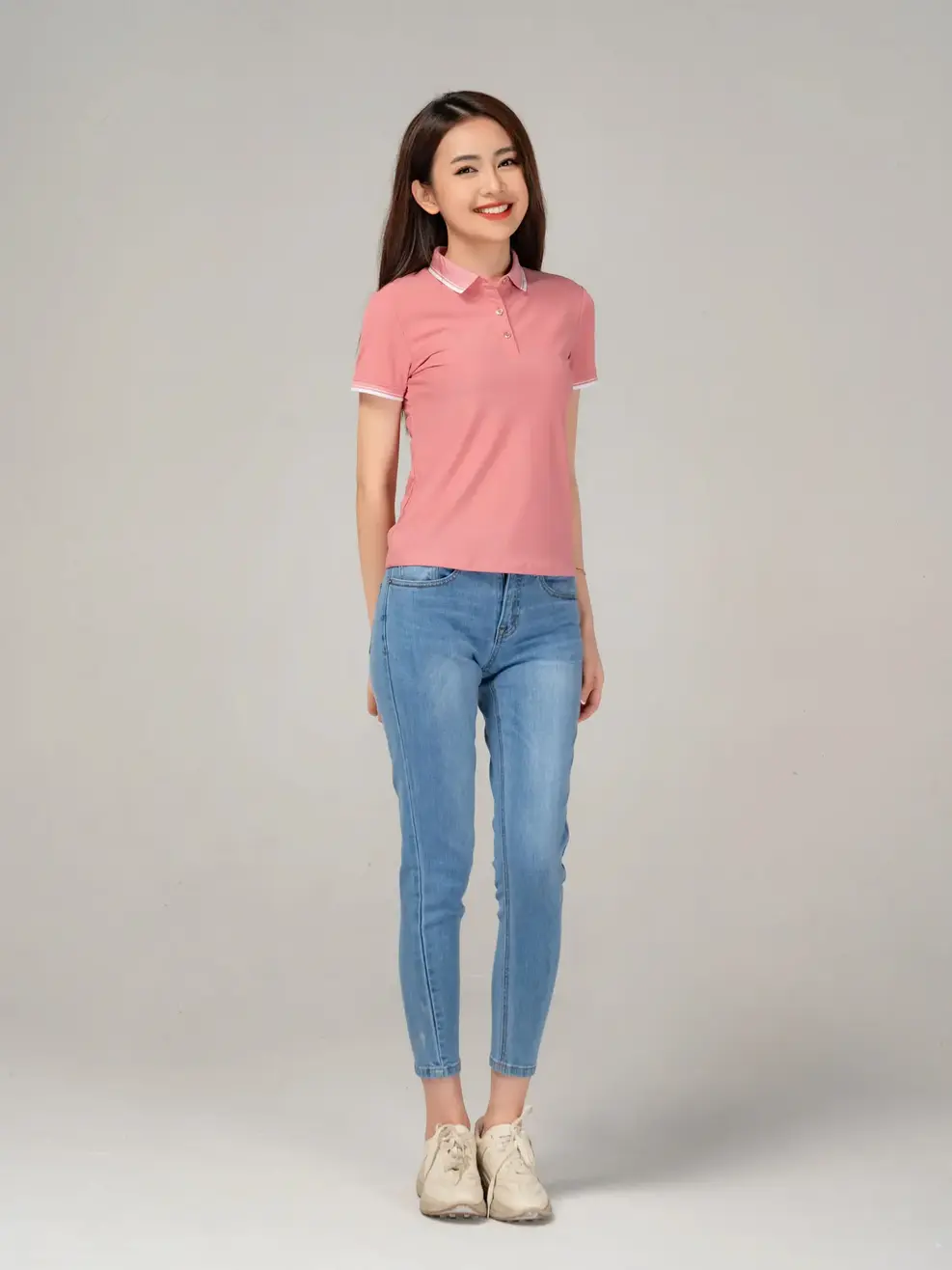 Áo polo nữ airy cool bo kẻ - Hồng - S