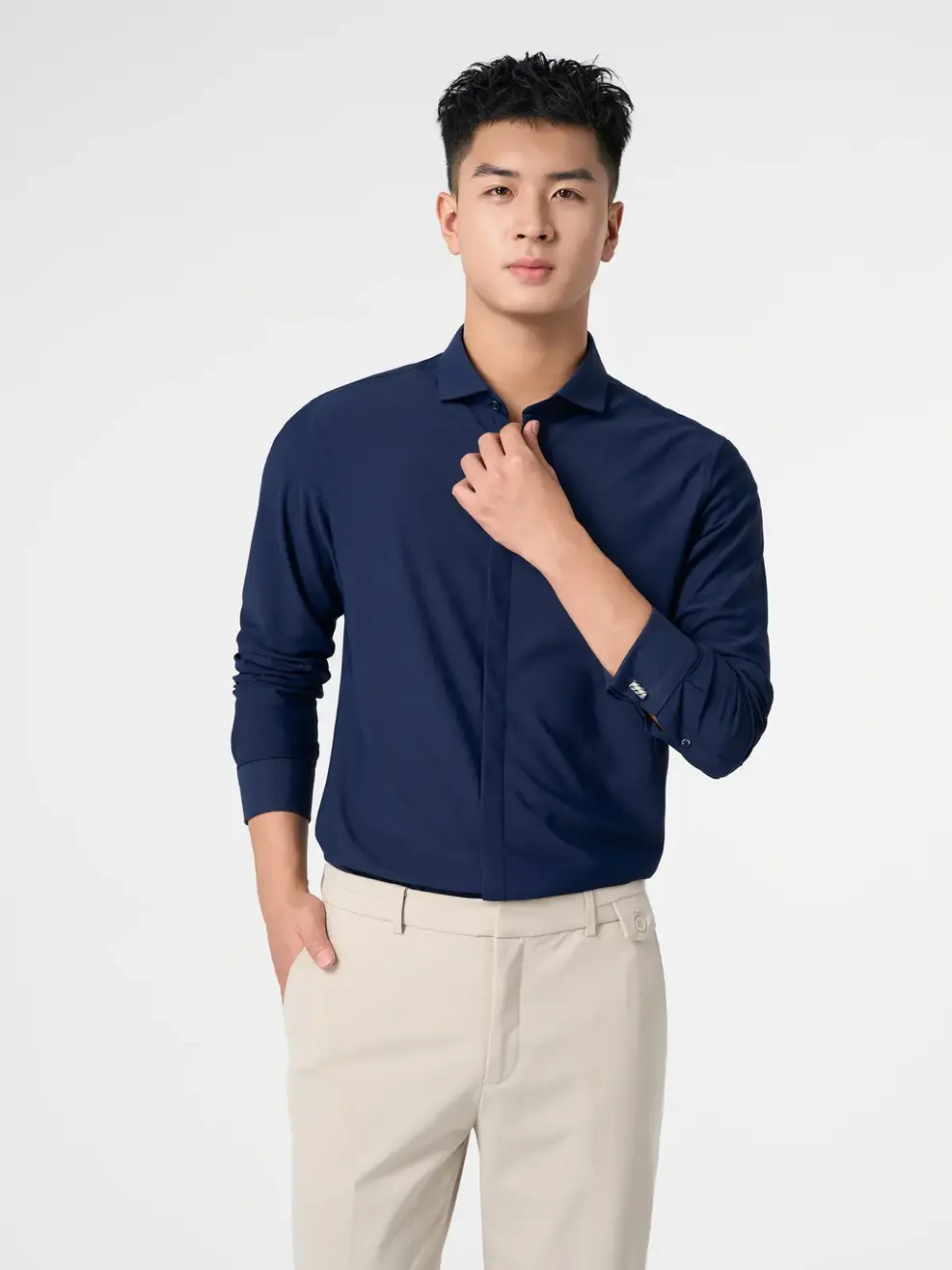 Sơ Mi Dài Tay Nam Knit Tay Kiểu - Tím than - M