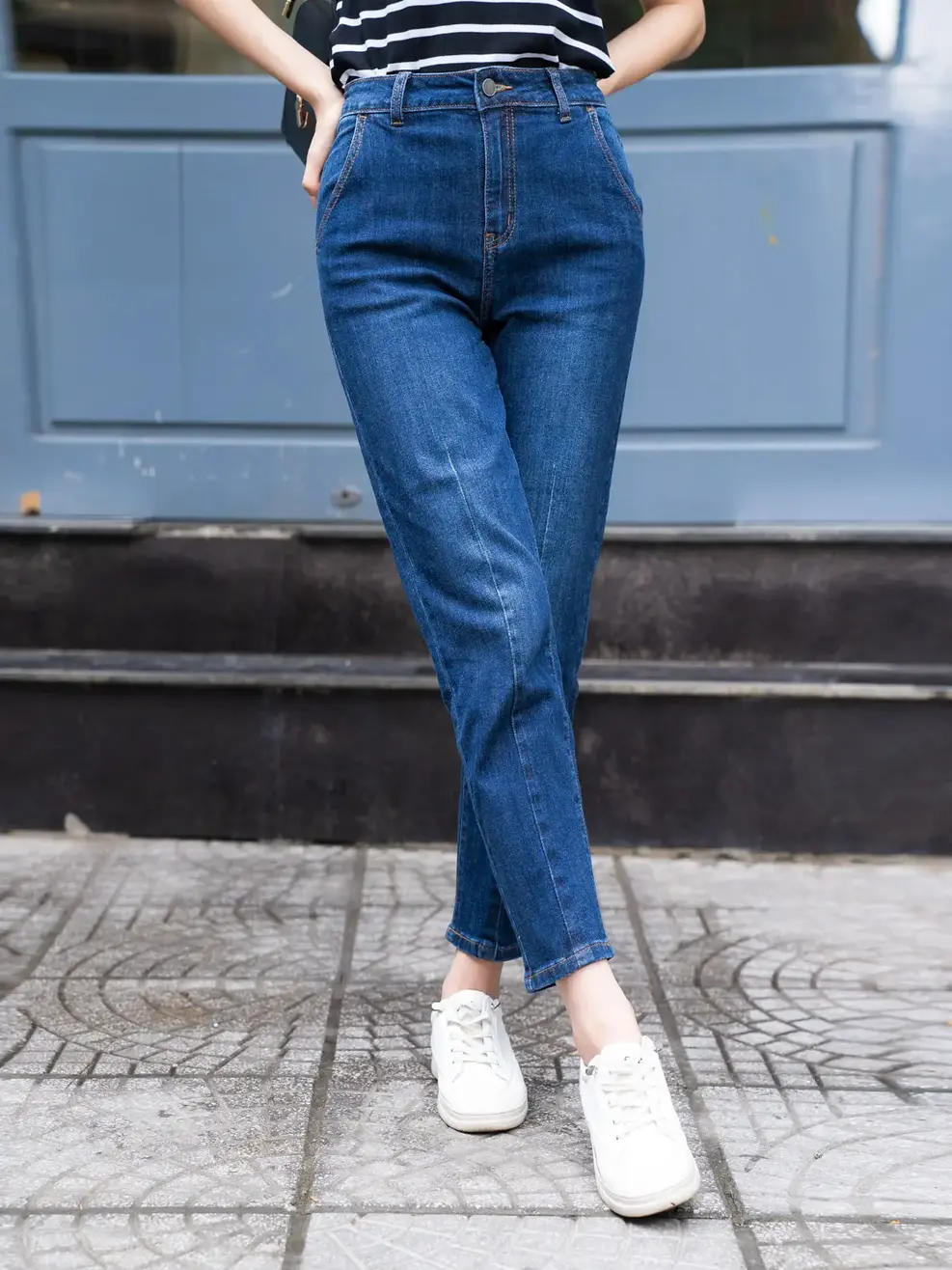 Quần jeans nữ ôm vừa xếp ly ống - Xanh đậm