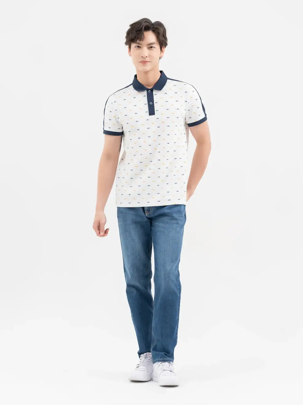 Áo Polo Nam In Vương Miện - Trắng phối navy - M