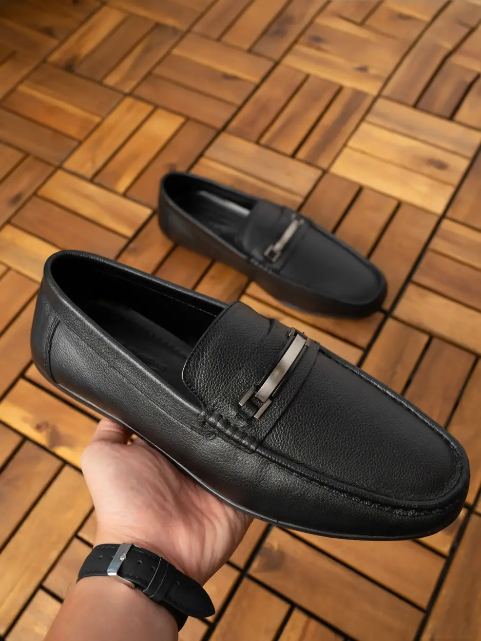 Giày nam moccasin da mill đai khóa - Đen - 42