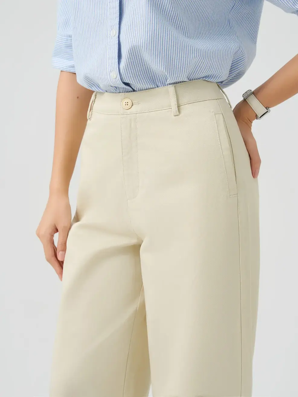 Quần Khaki Dáng Suông Cạp Cao Cơ Bản - Trắng 037 - 26