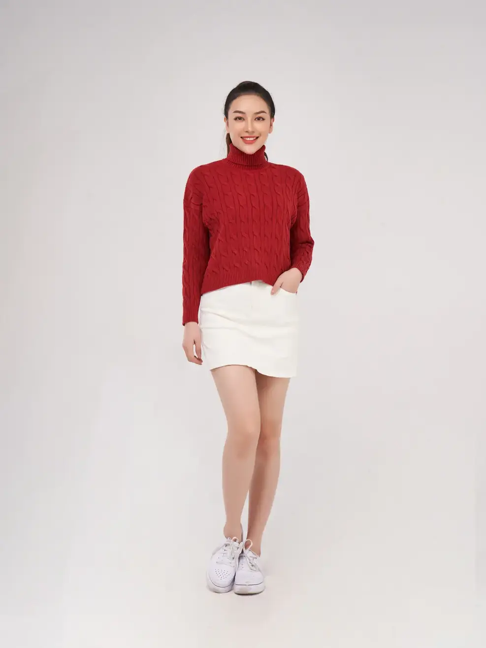 Áo len vặn thừng cổ lọ - Đỏ đô - L