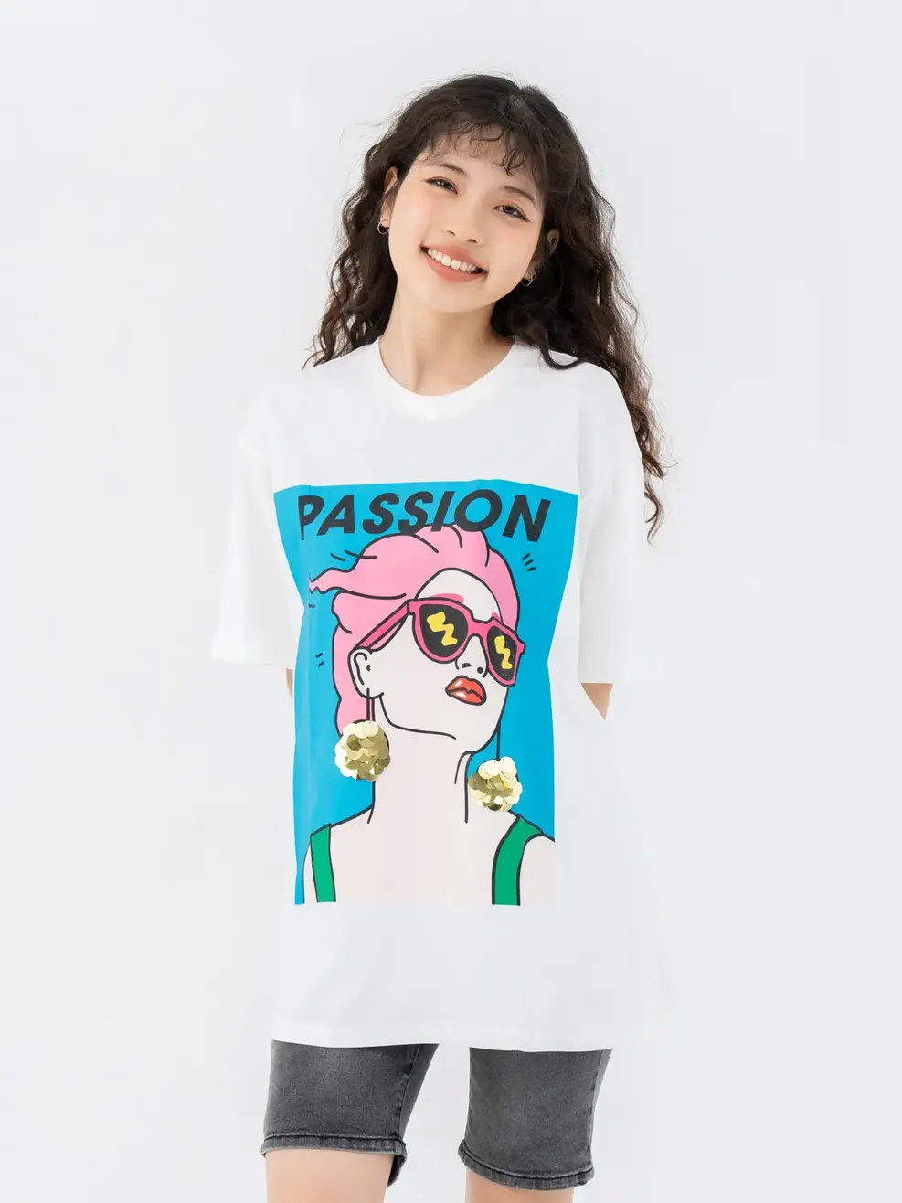 T-shirt Nữ Dáng Rộng In Cô Gái Chất Liệu Cotton Usa - Trắng 1 - F