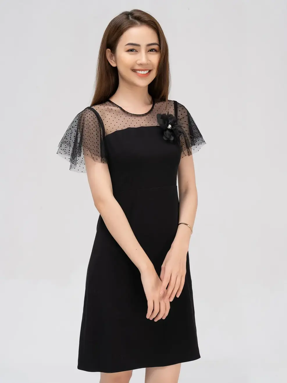 Đầm phối ren tay loe - Đen - M