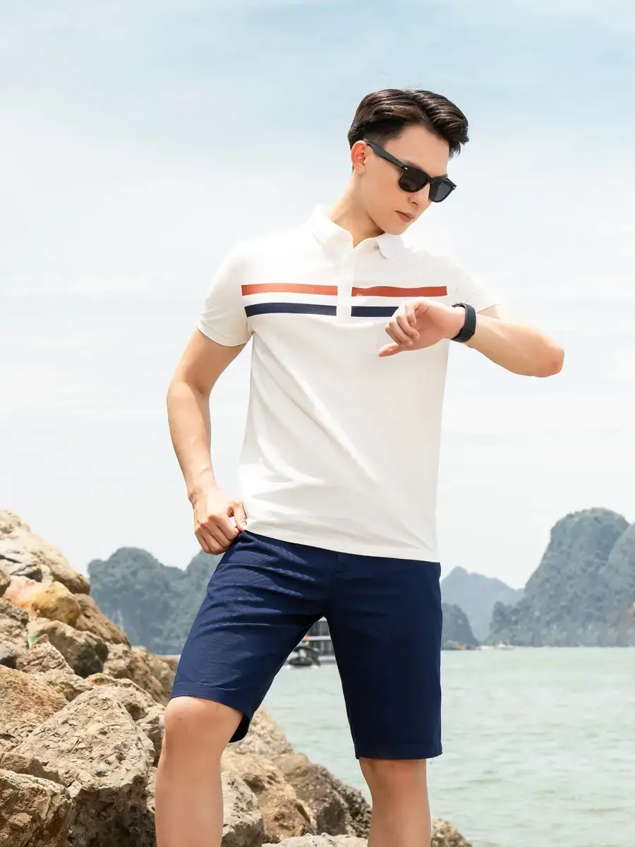 Áo polo nam mắt chim in vạch ngực phối màu - Trắng - M