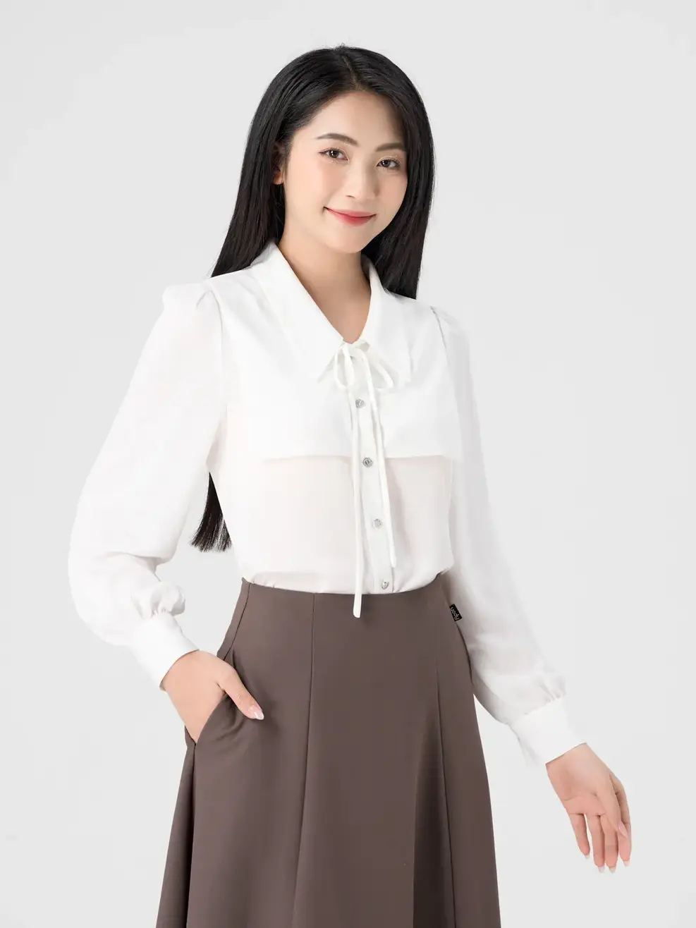 Sơ Mi Nữ Dài Tay Vạt Vai Áo - Trắng - S