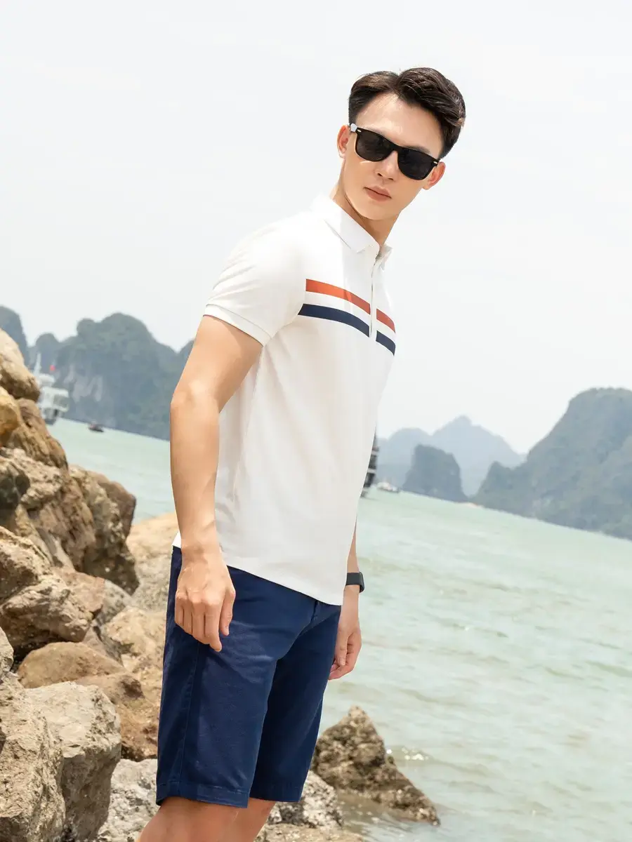 Áo polo nam mắt chim in vạch ngực phối màu - Trắng - M
