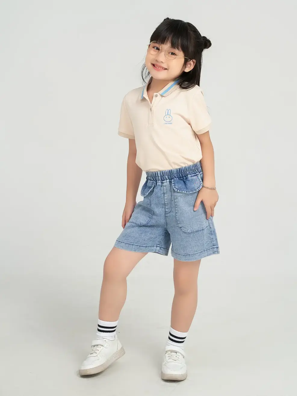 Sooc jeans kid nữ regular cạp chun - Xanh - 4-5