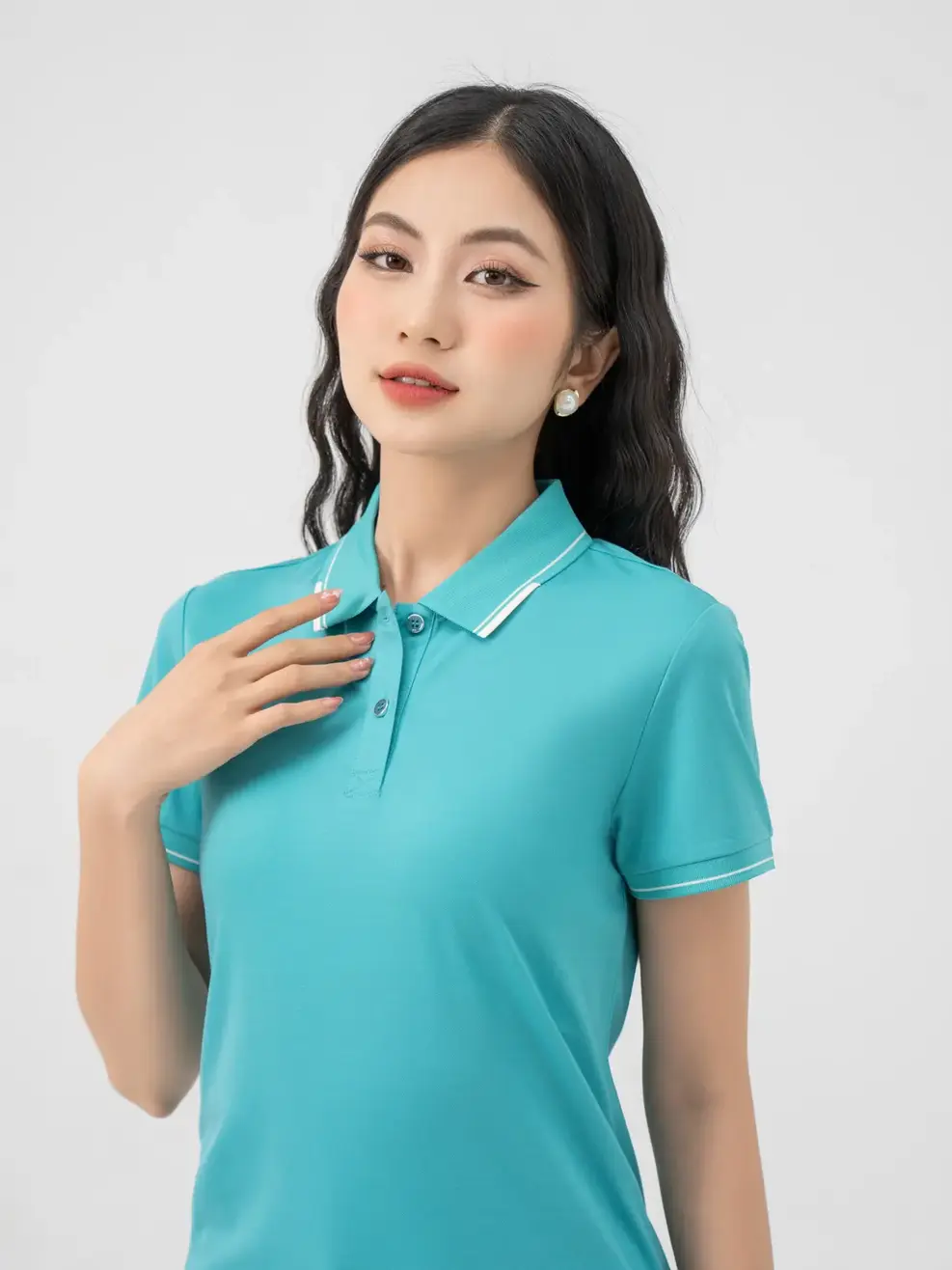Áo Polo Nữ Siro Rayon bo kẻ - Xanh ngọc - S