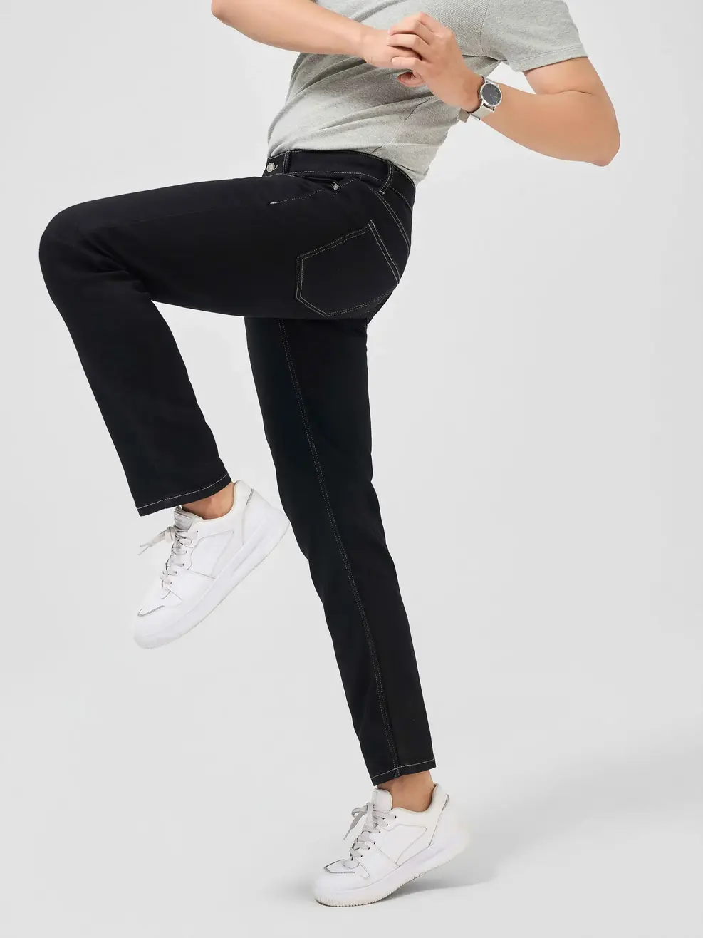 Quần Jeans Nam Slim Cafe Phối Chỉ Mác Da - Đen - 28