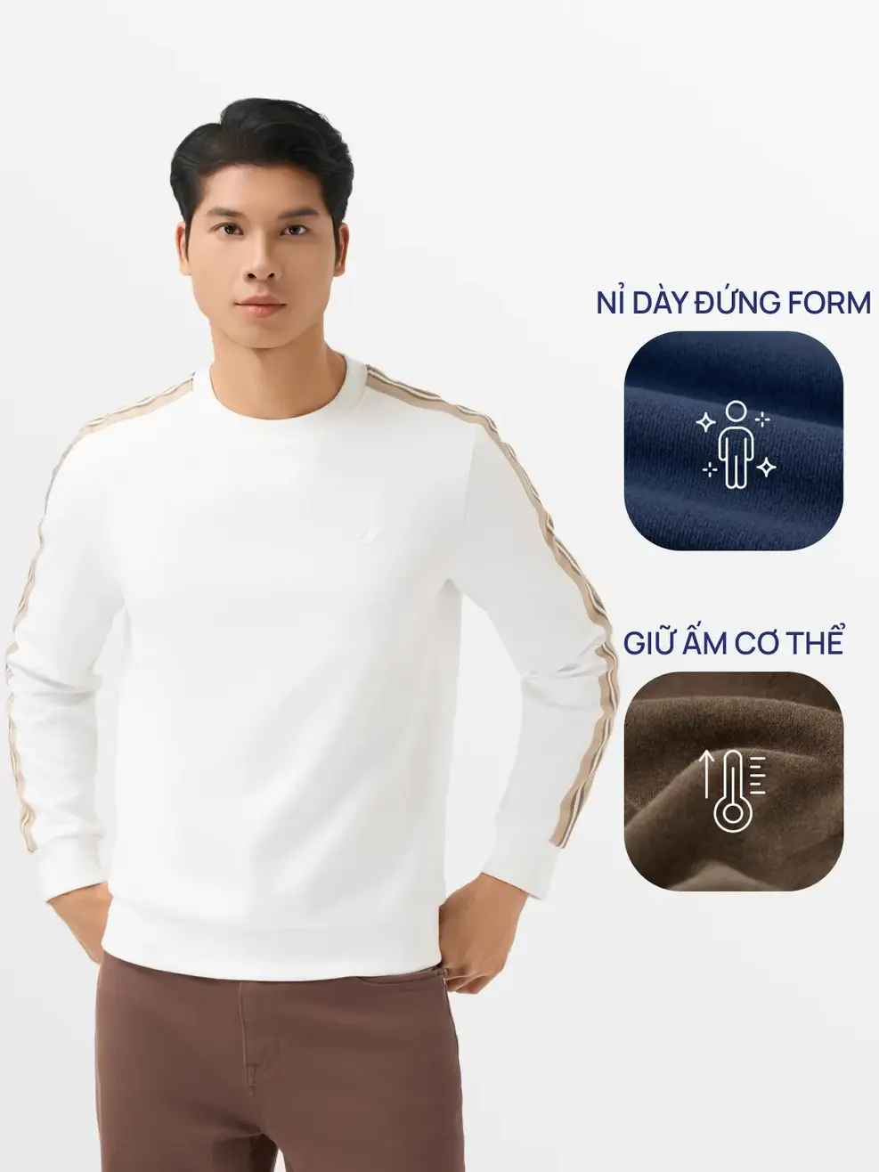 Áo Nỉ Nam Tay Phối Dây Dệt - Trắng 001 - M