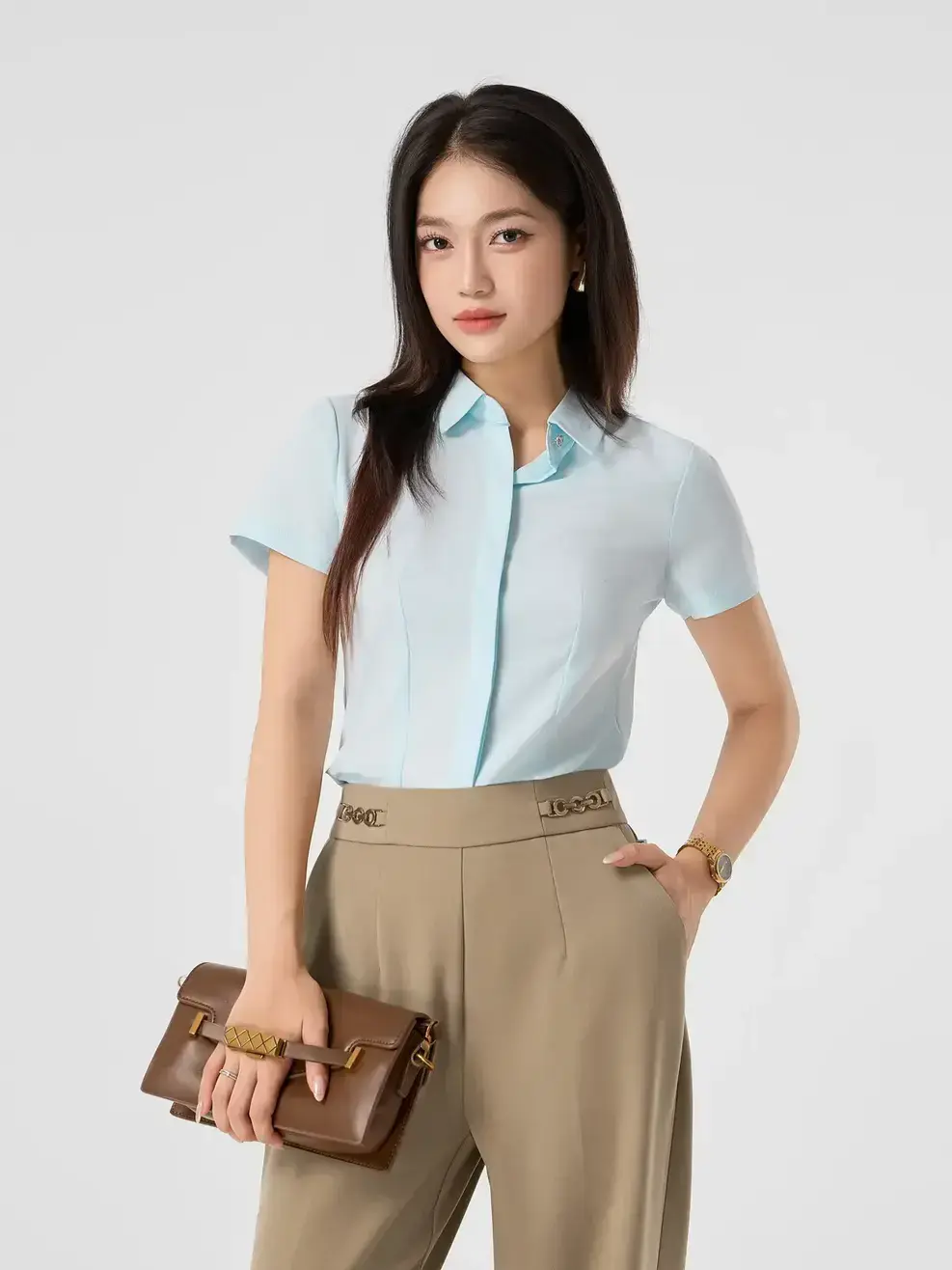 Áo Sơ Mi Nữ Ôm Cộc Tay Nano (4 Màu) - Xanh nhạt - S